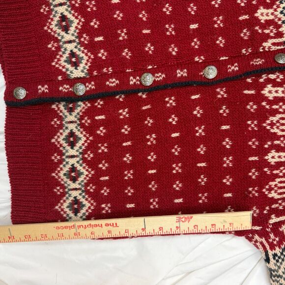 L.L. Bean Sweater Button Up Fair Isle Cardigan Women’s Large Merino Wool Red USA - Picture 9 of 10
